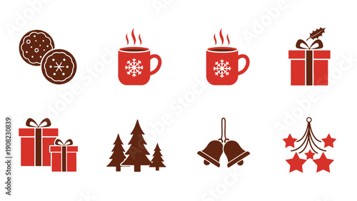 Christmas Icons Set: Gifts, Trees, Bells, Stars, Hot Drinks, Cookies
