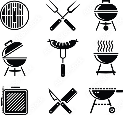 Black and white icons of various barbecue tools and grills