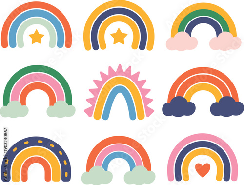 Rainbow illustration set with stars, clouds, hearts, sun rays, decorative colorful designs, positivity and diversity theme, flat cartoon vector artwork collection