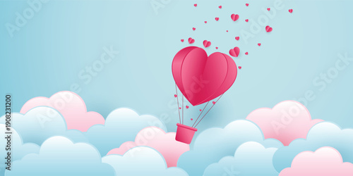 Valentines day loving hearts hot air baloon above the clouds. Paper style romantic hearts clouds