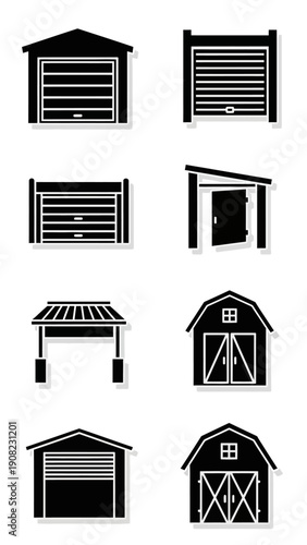 Collection of Black and White Icons: Garages, Barns, and Sheds