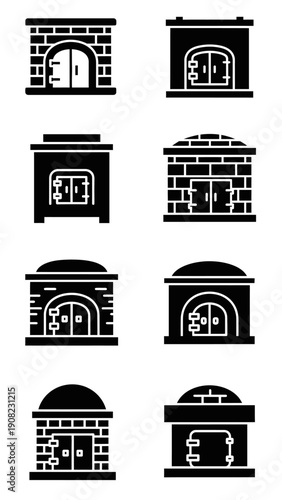 Collection of Black and White Icons: Ovens, Furnaces, Kilns, and Brick Structures