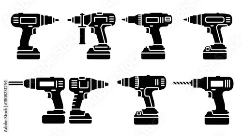 Collection of Black Cordless Power Drills Icons and Silhouettes
