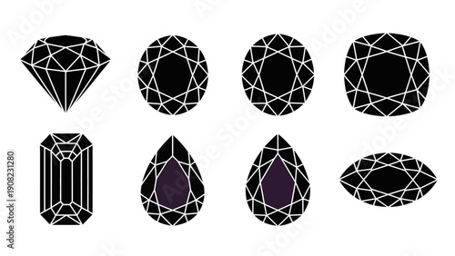 Collection of Black Gemstone Cuts: Diamond, Oval, Pear, Emerald, Cushion, Marquise