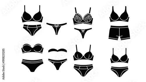 Collection of Black Lingerie Silhouettes: Bras and Panties Set Icons