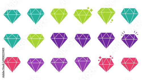 Collection of Colorful Diamond Icons on White Background