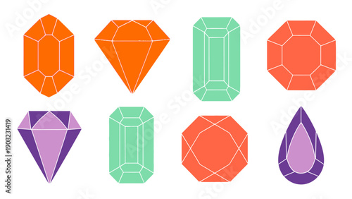 Collection of Colorful Gemstone Cuts on White Background - Vector Graphics