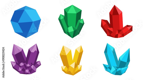Collection of colorful faceted crystals and gemstones on white background