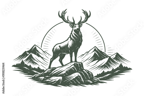 Majestic Hand Drawn Vector Illustration of a Deer Stag Standing on a Rock Against a Rising Sun and Mountains in Detailed Line Art Style