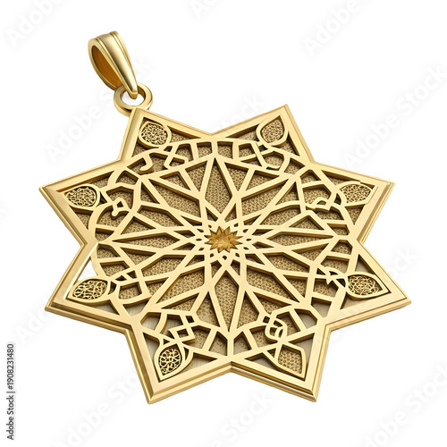 Intricate golden Islamic star pendant with geometric patterns and filigree details, symbolizing faith, tradition, and luxury, perfect for jewelry design or cultural themes.