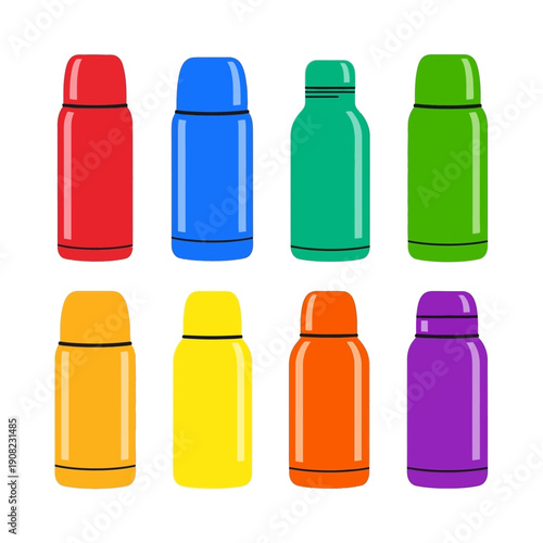 Collection of Colorful Thermos Flasks on White Background