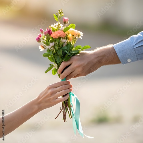 Close-up of a man's hand offering a vibrant bouquet of mixed roses and flowers, tied with a teal ribbon, to another person, a heartwarming gesture of love and affection.