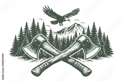 Bold Vector Illustration of Crossed Woodcutter Axes with an Eagle Flying Over a Mountain Pine Forest in Vintage Engraved Line Art Style
