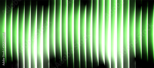Fresh green glowing vertical stripe glass effect background with transparent light beams and futuristic abstract style