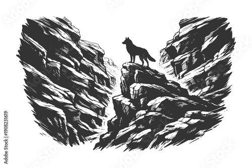 Majestic Vector Illustration of a Wolf Standing on a High Rock Peak Between Deep Canyon Walls in Classic Black and White Engraved Line Art Style