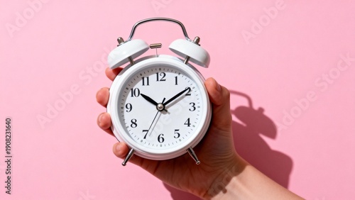 Bild auf Leinwand Hand holding white alarm clock