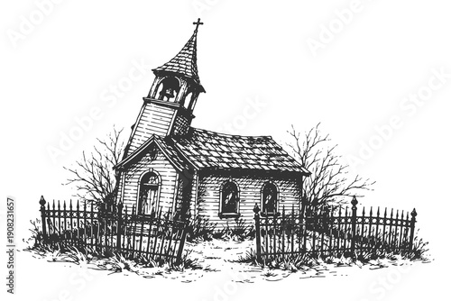 Vintage Hand Drawn Vector Illustration of an Ancient Abandoned Wooden Church with Steeple and Iron Fence in Detailed Black and White Line Art Style