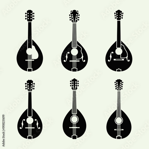 Collection of Six Black Mandolin and Lute Stringed Musical Instruments Silhouettes