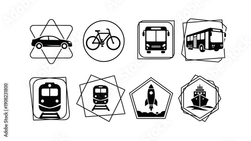 Collection of Transportation Icons: Car, Bicycle, Bus, Train, Rocket, Ship