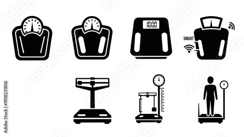 Collection of Various Weighing Scales Icons: Digital, Analog, Smart, and Industrial