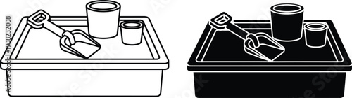 Sandbox with shovel and buckets vector icon set, outlined and filled style, kids outdoor toy, perfect for playground, summer, and activity design.