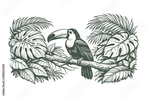 Detailed Vector Illustration of a Tropical Toucan Bird Perched on a Jungle Branch Surrounded by Monstera Leaves in Classic Engraved Line Art Style
