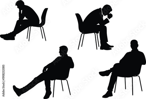 PrintSeated man silhouette vector illustration, sitting posture icons, emotional body language, black and white design, editable clipart, thoughtful pose, stress gesture