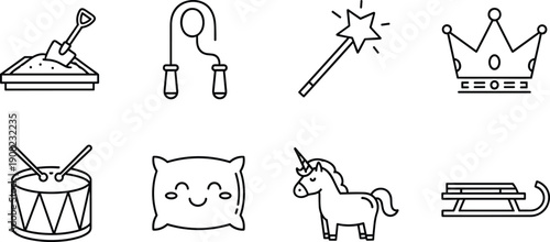 Set of cute kids toy and fantasy icons in outline style, including unicorn, crown, magic wand, pillow, drum, sandbox, perfect for design