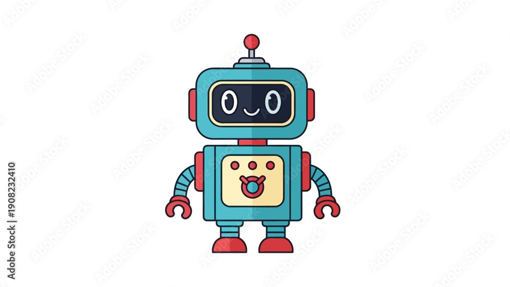 Naklejka premium Cute Blue Robot Character with Happy Face, Vector Illustration