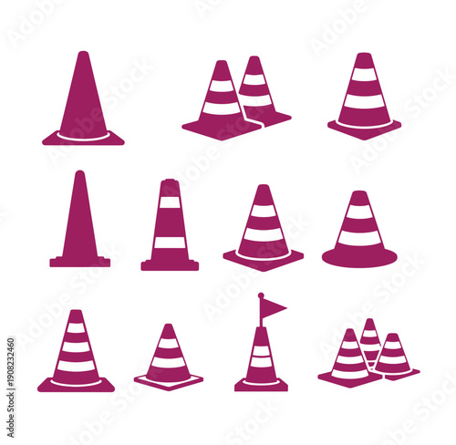 Collection of traffic cones in various designs and configurations for road safety and construction signage