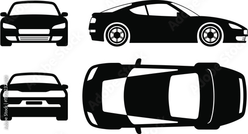 Black silhouette of a sports car shown from front, side, and top views on white background automobile