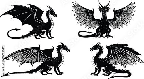 Fantasy dragon silhouette collection featuring winged mythical creatures in powerful poses, black vector illustration set for medieval legend themes, tattoo design, logo branding and creative artwork