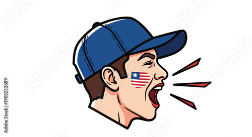 Man wearing a baseball cap with Malaysian flag painted on his face, shouting with excitement, isolated on white background