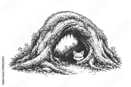 Charming Vector Illustration of a Cute Fox Peeking from a Cozy Tree Root Den or Burrow in a Dense Forest in Detailed Black and White Line Art