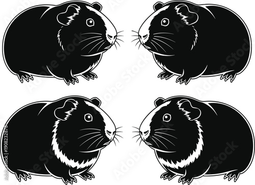 Guinea pig silhouette illustration collection showing cute pet rodents in sitting poses, black vector artwork for animal design, kids education, pet care concepts and creative projects