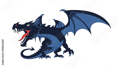 Fierce Blue Dragon with Wings Spread, Roaring with Red Tongue and Sharp Teeth