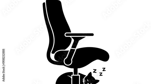 Office chair with a sleeping cat underneath.