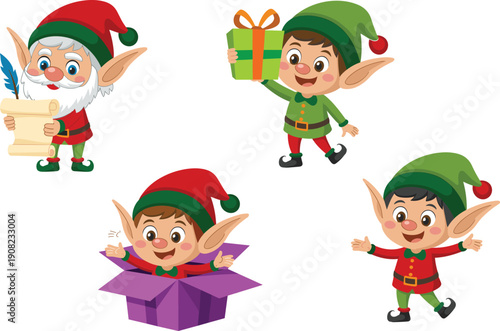 Cute christmas elf cartoon set illustration, santa helper characters with gifts scroll box, holiday winter festive design