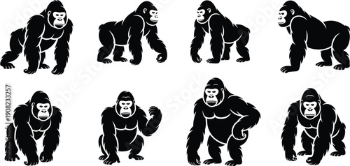 Gorilla silhouette vector set, standing walking sitting crouching poses, wildlife primate illustration, jungle animal clipart, bold graphic black white artwork