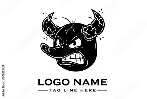 Black and white vector illustration of a stylized boar's head with sharp horns and an aggressive expression on a clean white background.