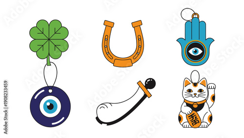 Good Luck Charms Collection: Four Leaf Clover, Horseshoe, Evil Eye, Lucky Cat, Cornucopia