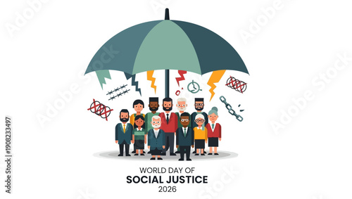 Diverse group of people standing together under an umbrella with social justice symbols on World Day of Social Justice