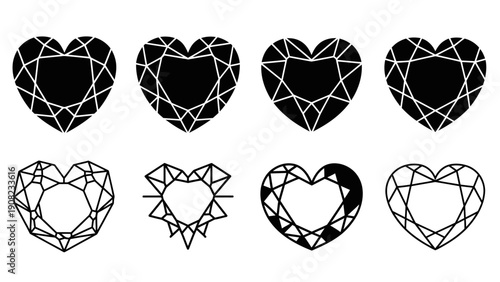 Heart Shape Gemstone Facet Diagrams - Black and White Diamond Cut Styles