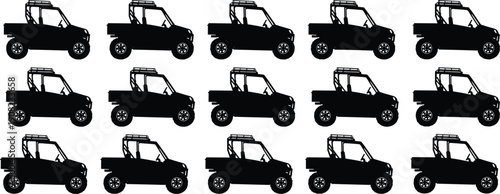 Off road utility vehicle silhouette pattern set, side view UTV and ATV buggy collection, black vector illustration for transport, adventure, and industrial design
