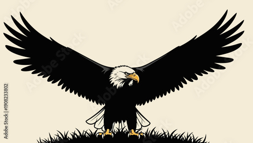 Majestic Bald Eagle Spreading Wings in Flight Over Grassy Field