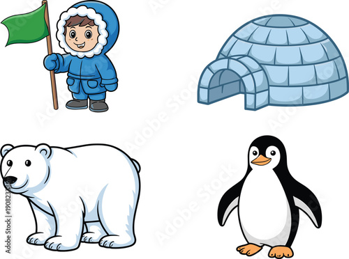 Cartoon arctic illustration set, eskimo child igloo polar bear penguin, winter cold north wildlife education characters