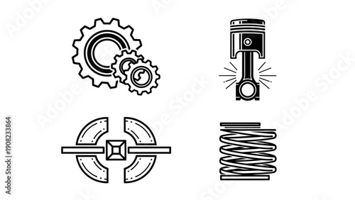 Mechanical Parts Icons: Gears, Piston, Spring, and Mechanism