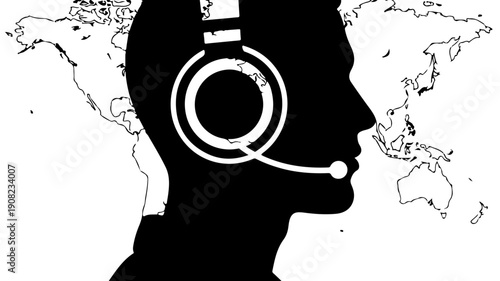 Silhouette of a person wearing headphones with a microphone against a world map background.