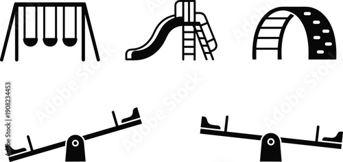 Playground equipment icon set including swing slide tunnel and seesaw, black flat vector illustration collection for kids park, outdoor recreation and safety design use