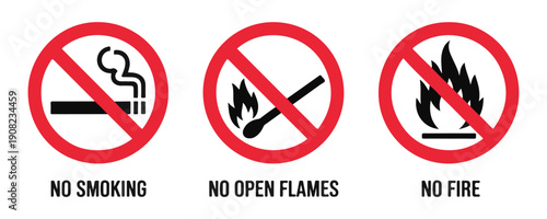Set of three forbidden signs no smoking, no open flames, and no fire for safety regulations